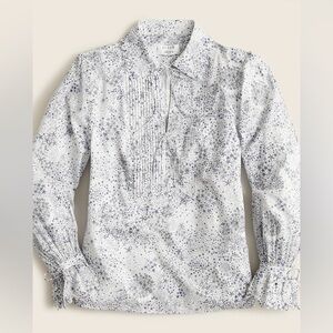 J. Crew White Blouse with Navy Starburst Print and Pintuck Front
